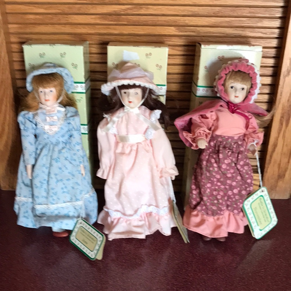 Set of Three Russ Months To Remember Porcelain Dolls in Vintage Dresses